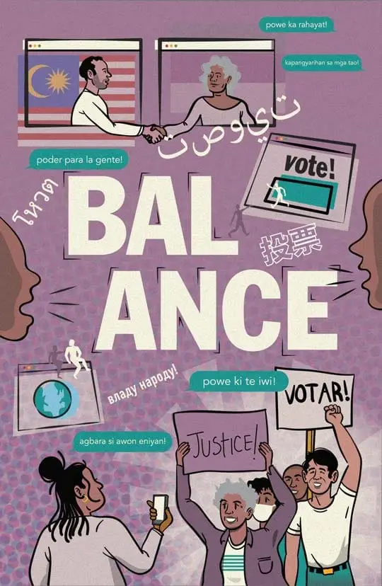 An illustration with a textured purple background. At the top are two people reaching out of browser windows to shake hands while a scene of protest at the bottom. The word balance is centered in the image.