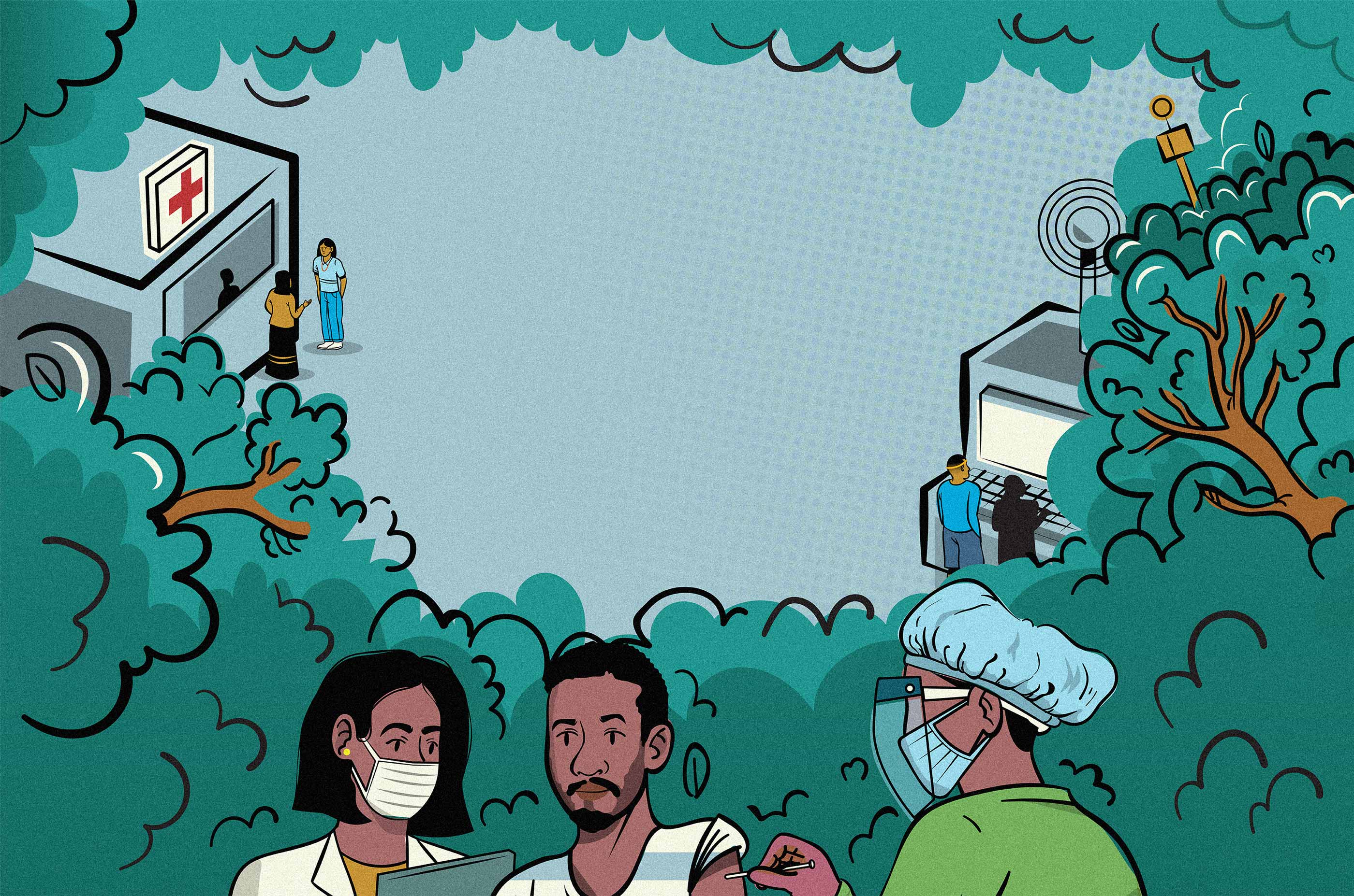 An illustration depicting trees and greenery surrounding scenes of hospital workers, people operating machines, and a person getting vaccinated. 