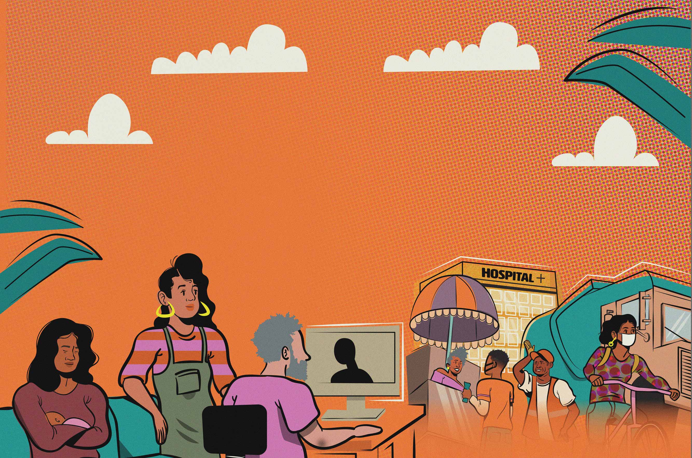 An illustration showing scenes of workers video conferencing, caretaking for a baby, selling food on the street, and making deliveries by bike against a vibrant orange background. In the background is a hospital and garbage truck.