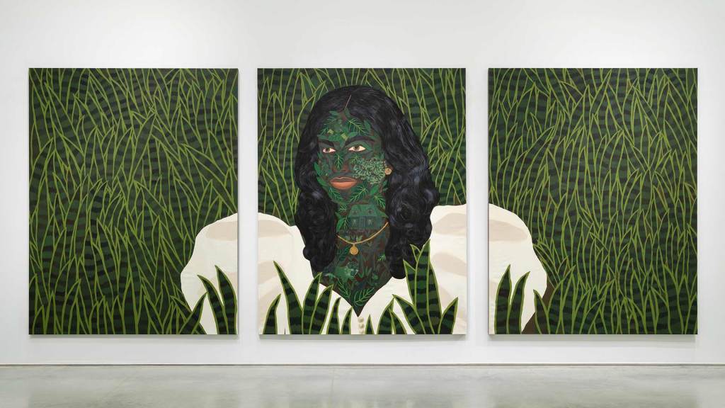 A painting by Kelly Sinnapah Mary of a woman with black hair and white puffy sleeves emerging from a field of snake plants.