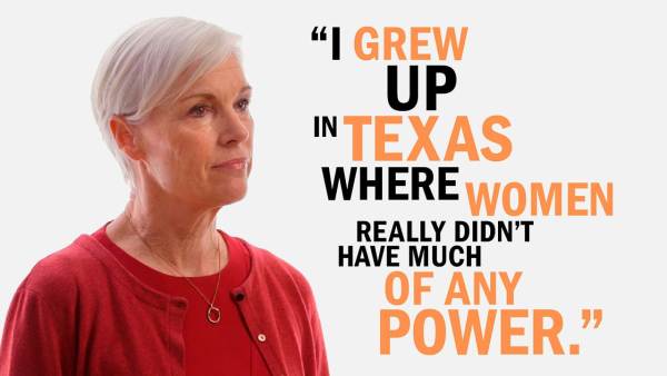 Cecile Richards has short white cropped hair and is wearing a red dress. Next to her is copy reading, "I grew up in Texas where women really didn't have much of any power."