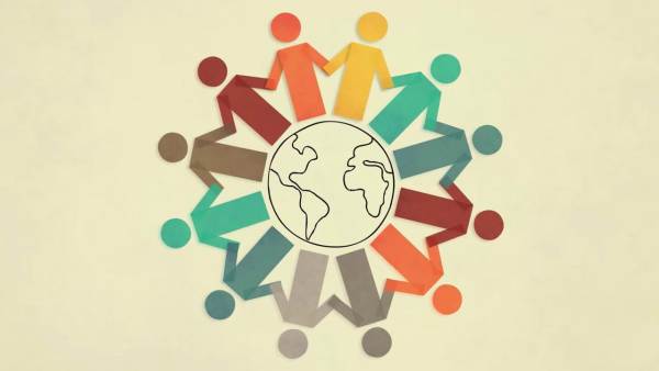 Multi colored icons of people holding hands surrounding an illustration of the world. 