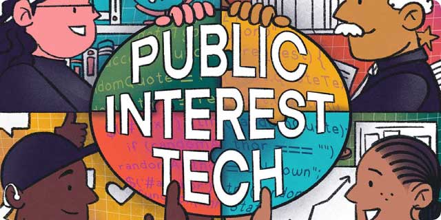 An illustration of 4 people holding up a sign that says "Public Interest Tech"