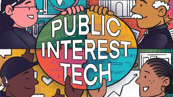 An illustration of 4 people holding up a sign that says "Public Interest Tech"