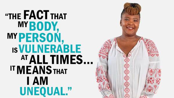 Sibongile Ndashe has dark dreads with highlighted tips tied up in a bun. She's wearing a white top with a red pattern. She's standing next to copy that reads, "The fact that my body, my person, is vulnerable at tall times... it means that I am unequal."