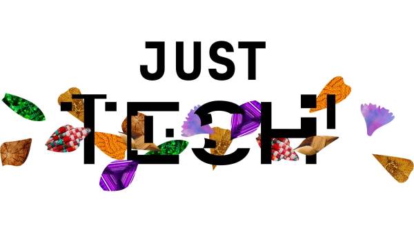 The words “Just Tech” surrounded by images of wood, leaves, fabric, and other textures