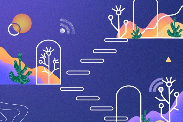 An abstract illustration with a purple background. White outlined arches contain stylized trees, connected by floating steps. A sun with rings, Wi-Fi symbols, and abstract landscapes in yellow, orange, and green are also present.
