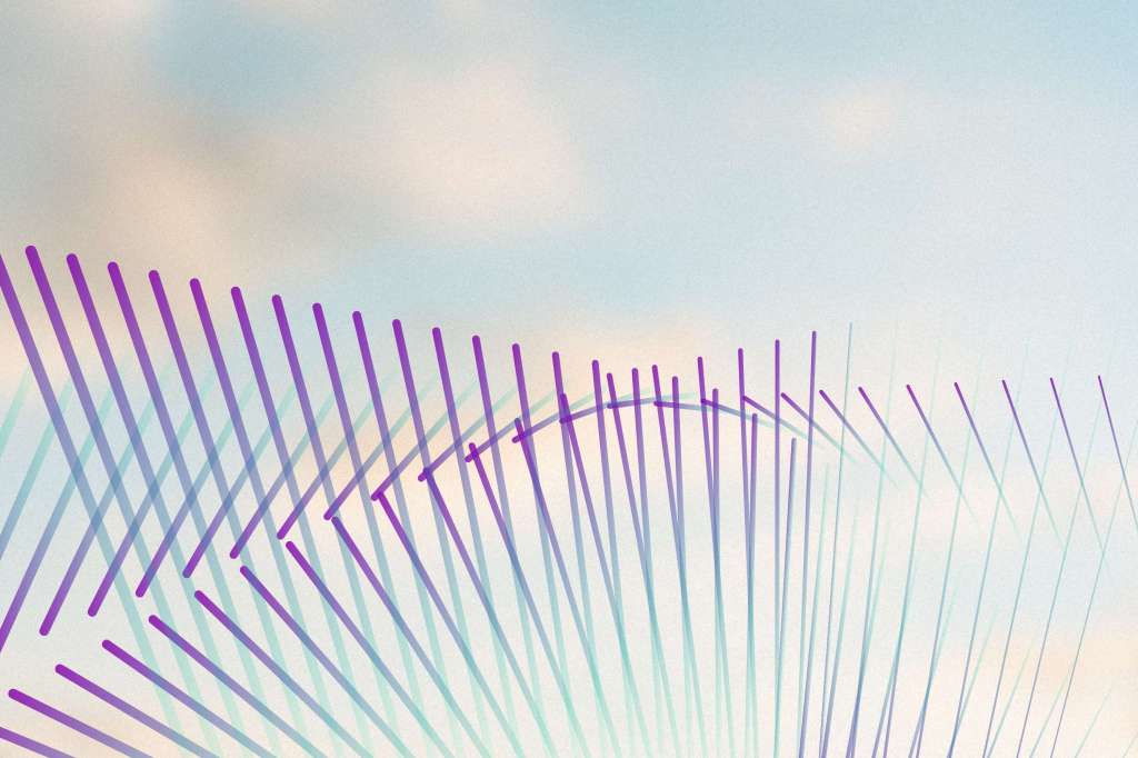 Purple and teal lines form a loose triangle repeated into a three dimensional shape, gently curving down then up. Behind is a blurred image of clouds at sunset.