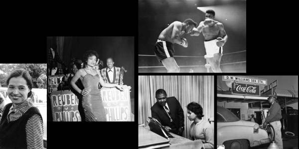 A grid of black and white images featuring Rosa Parks, Eartha Kits, Isaac Hayes, Maya Angelou, Muhammad Ali, and Aretha Franklin.