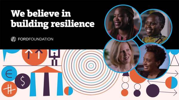 Text: "We believe in building resilience" with a collage of headshots of Heather McGhee, Purity Kagwiria, Nancy Northup, and Marcia Smith.