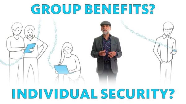Bruce Schneier, a white-bearded man, wears a flat cap and gray blazer over a floral shirt. The phrase "Group Benefits? Individual Security?" appears above and below him.