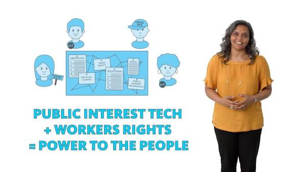 Sarita Gupta is a South Asian woman, wearing a mustard-yellow top and black pants. The phrase "Public Interest Tech + Workers Rights = Power to the People" appears to the left.