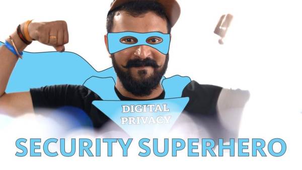 Sid Rao is a bearded Indian man with a handlebar mustache, wearing a black t-shirt. A blue mask, cape, and chest emblem with the words "Digital Privacy" on it are drawn onto his picture. The phrase "Security Superhero" appears below him.