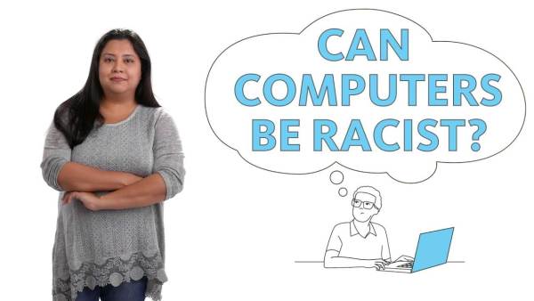 Suchana Seth is an Indian woman with long dark brown hair wearing a light gray patterned top with rolled sleeves. The phrase "Can computers be racist?" appears to her right.