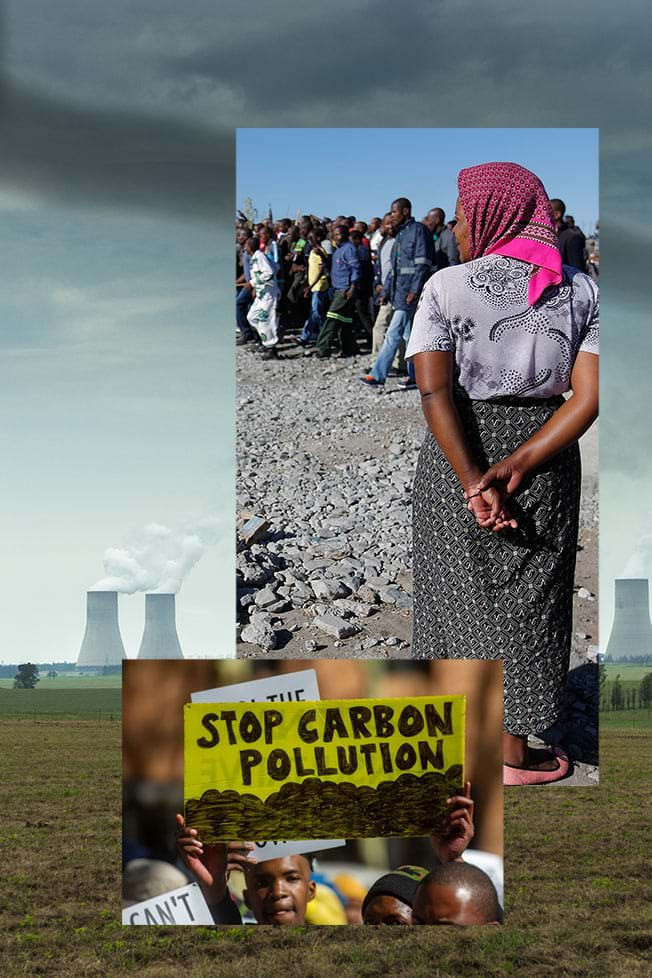 Collage of demonstrators, miners and supporters of the Marikana mining community  against a background image of power station towers with smoke emitting from them.