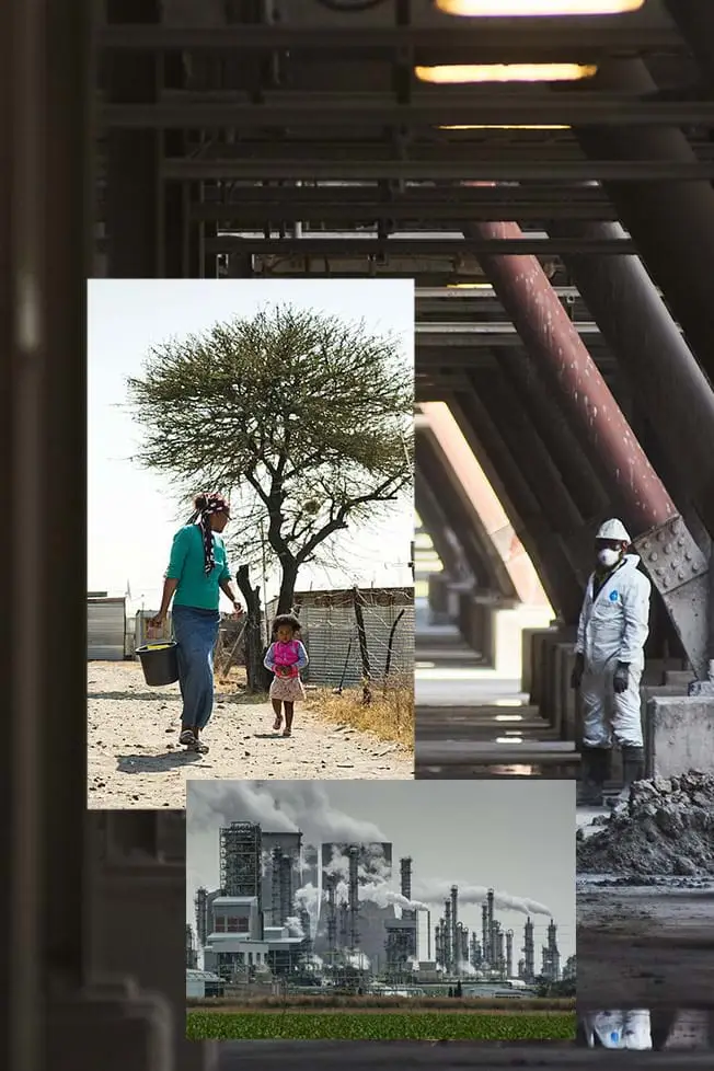 Collage of a mother and daughter of the Marikana mining community and coal-fired power towers with smoke emitting from them against an image of a worker at a coal-fired power station.