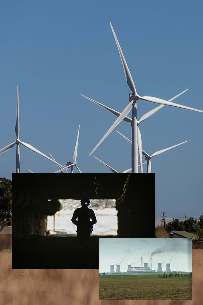  Collage of a worker at a coal-fired power station, and coal-fired power towers with smoke emitting from them against an image of wind turbines at the Umoya Energy wind farm in South Africa. 