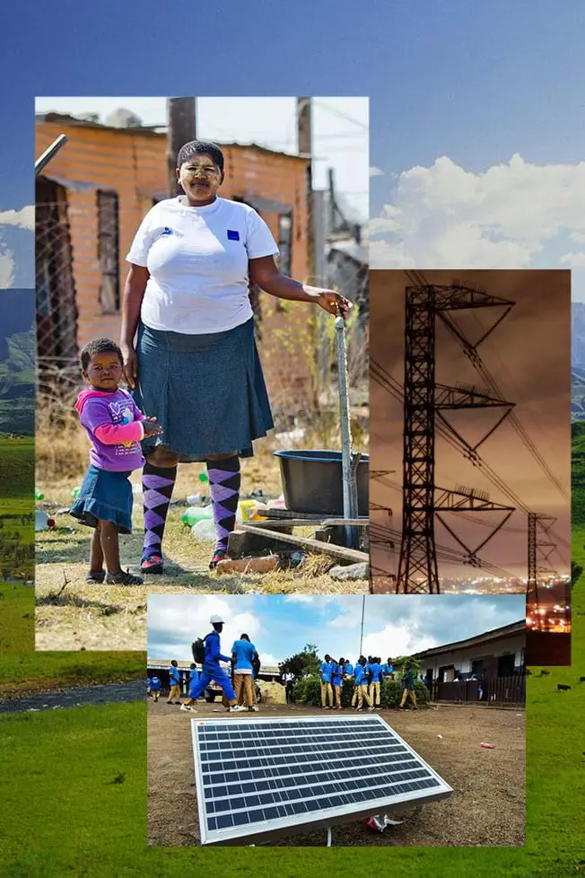 Collage of a mother and daughter of the Marikana mining community, a solar panel located on a school ground, and power lines  against an image of a green valley in South Africa.
