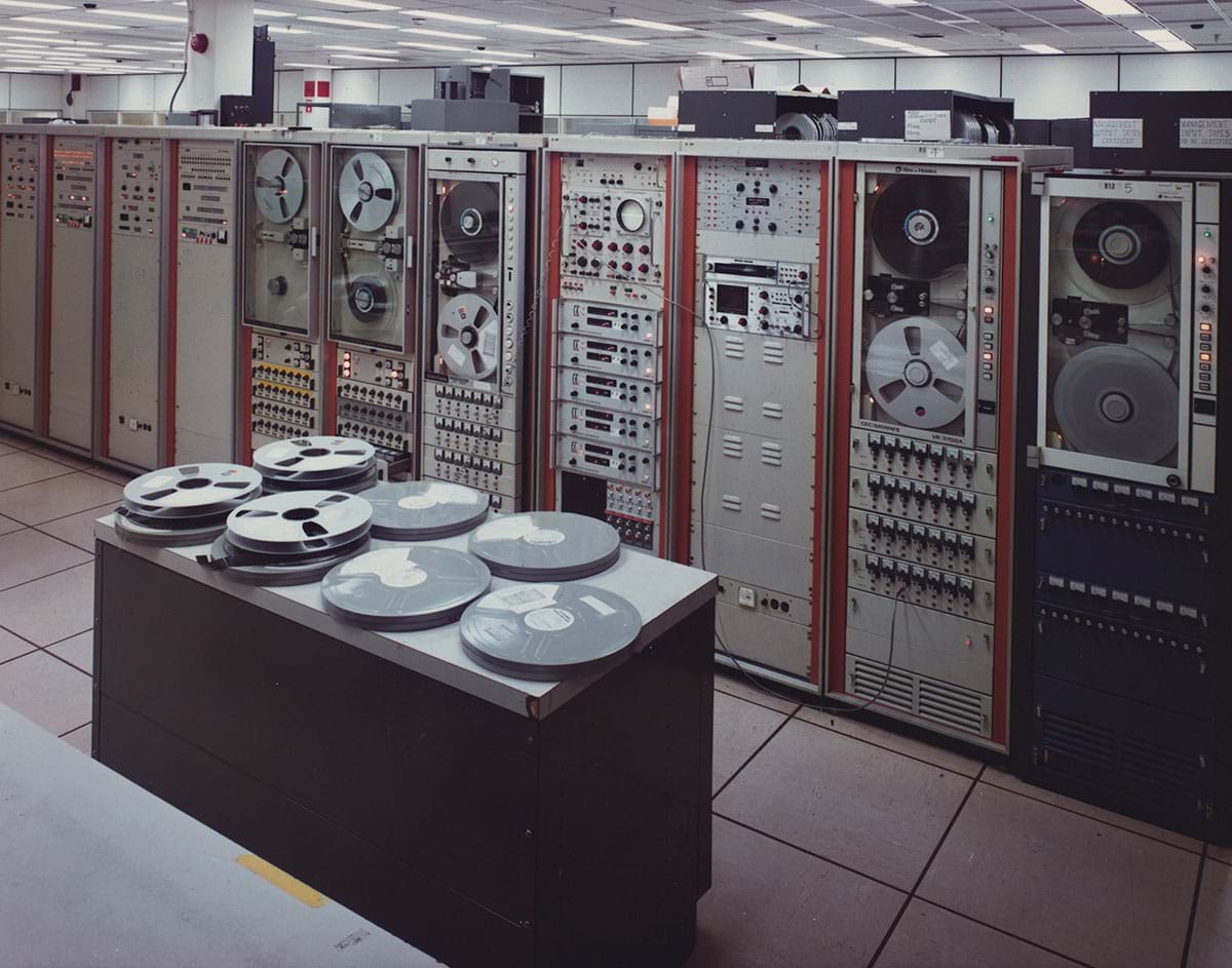 A room filled with data processing computer towers from 1975.