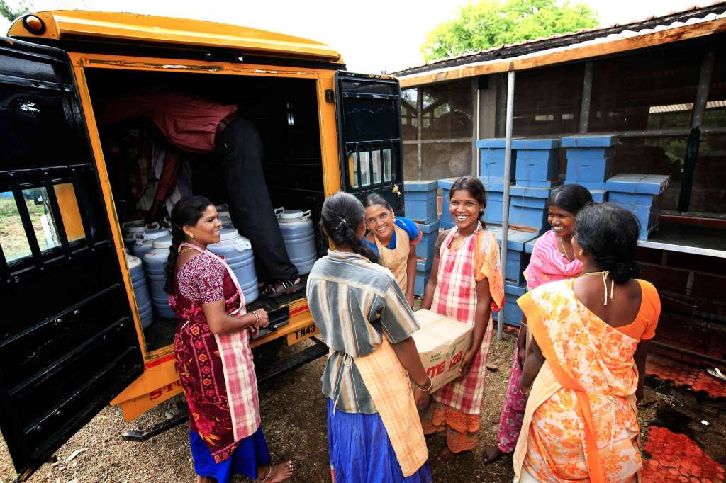 Group of women wearing bright color sari's, smiling and helping to unload a food supply delivery truck.