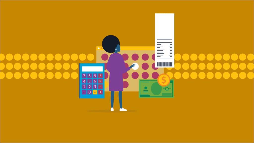 Illustration of a woman standing infront of a colorful arrangement that includes a calendar, calculator, receipt and money.