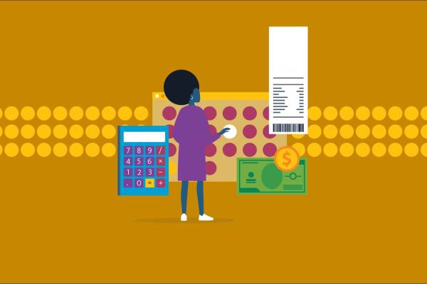 Illustration of a woman standing infront of a colorful arrangement that includes a calendar, calculator, receipt and money.