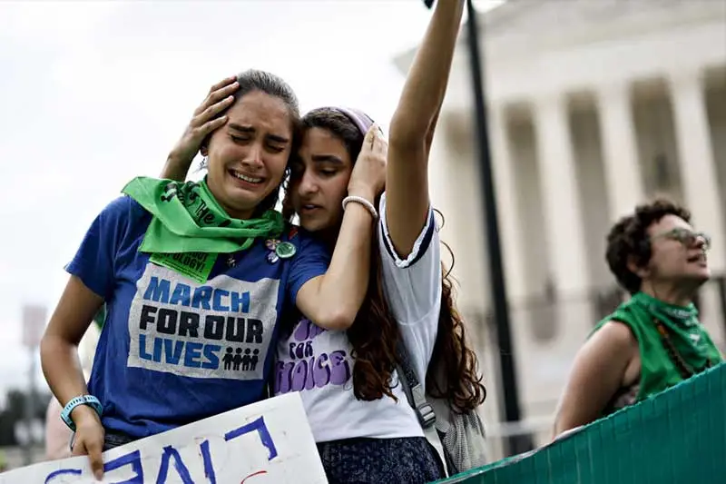 Abortion rights demonstrators react outside the US Supreme Court in Washington, D.C., US.
