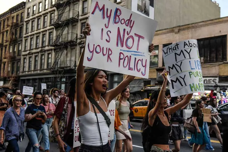 Abortion rights demonstrators march during a protest in New York, US.