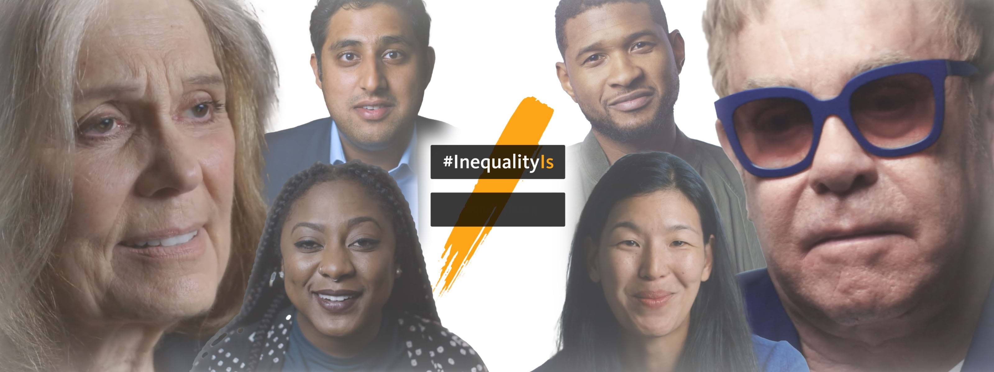 Graphic of #InequalityIs with stills of Gloria Steinem, Alicia Garza, Rajiv, Joshi, Ai-jen Poo, Usher, and Elton John.