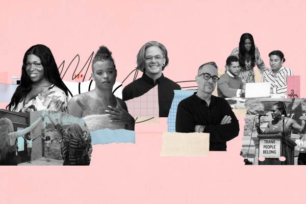 A collage containing headshots of Shelby Chestnut, Tourmaline, Morey Riordan, Aryah Lester and other activists and ogranizers against a pink background.