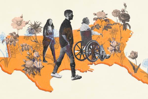 A collage of Dom Kelly, a person walking with a white cane and a person in a wheelchair positioned on top of a cut out of a southern portion of the United States map in orange. Arranged amongst flowers.
