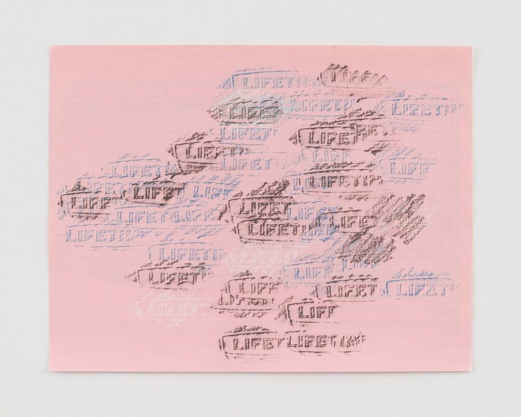 Layered rubbings of the word LIFETIME  in brown, blue and white colored pencil on pink paper.