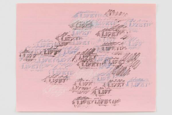 Layered rubbings of the word LIFETIME  in brown, blue and white colored pencil on pink paper.
