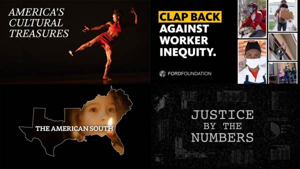 Thumbnails of America's Cultural Treasures, Clap back Against Worker Inequity, The American South, and Justice by the Numbers videos.
