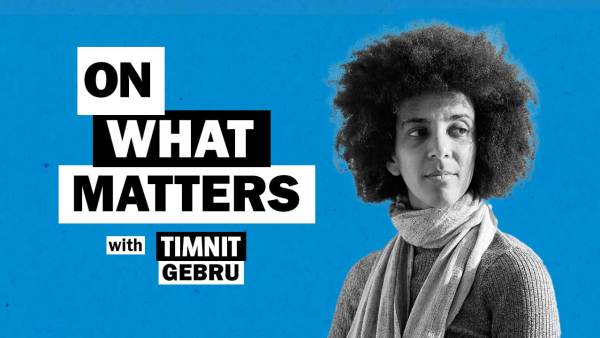 Timnit Gebru has dark curly hair in an afro, wearing a gray top and a light-colored scarf around her neck. To her left appears the text: On what matters with Timnit Gebru.
