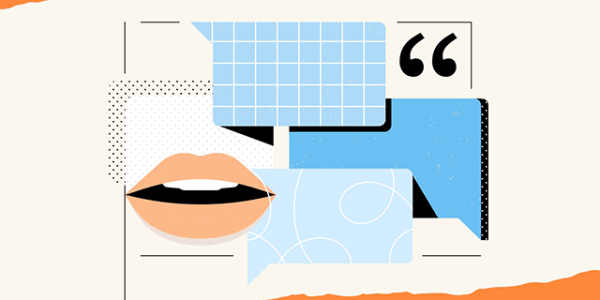 Graphic of a mouth with speech bubbles. 