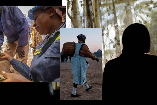 A collage of miners, women workers and survivors of sexual assault in Zimbabwe.