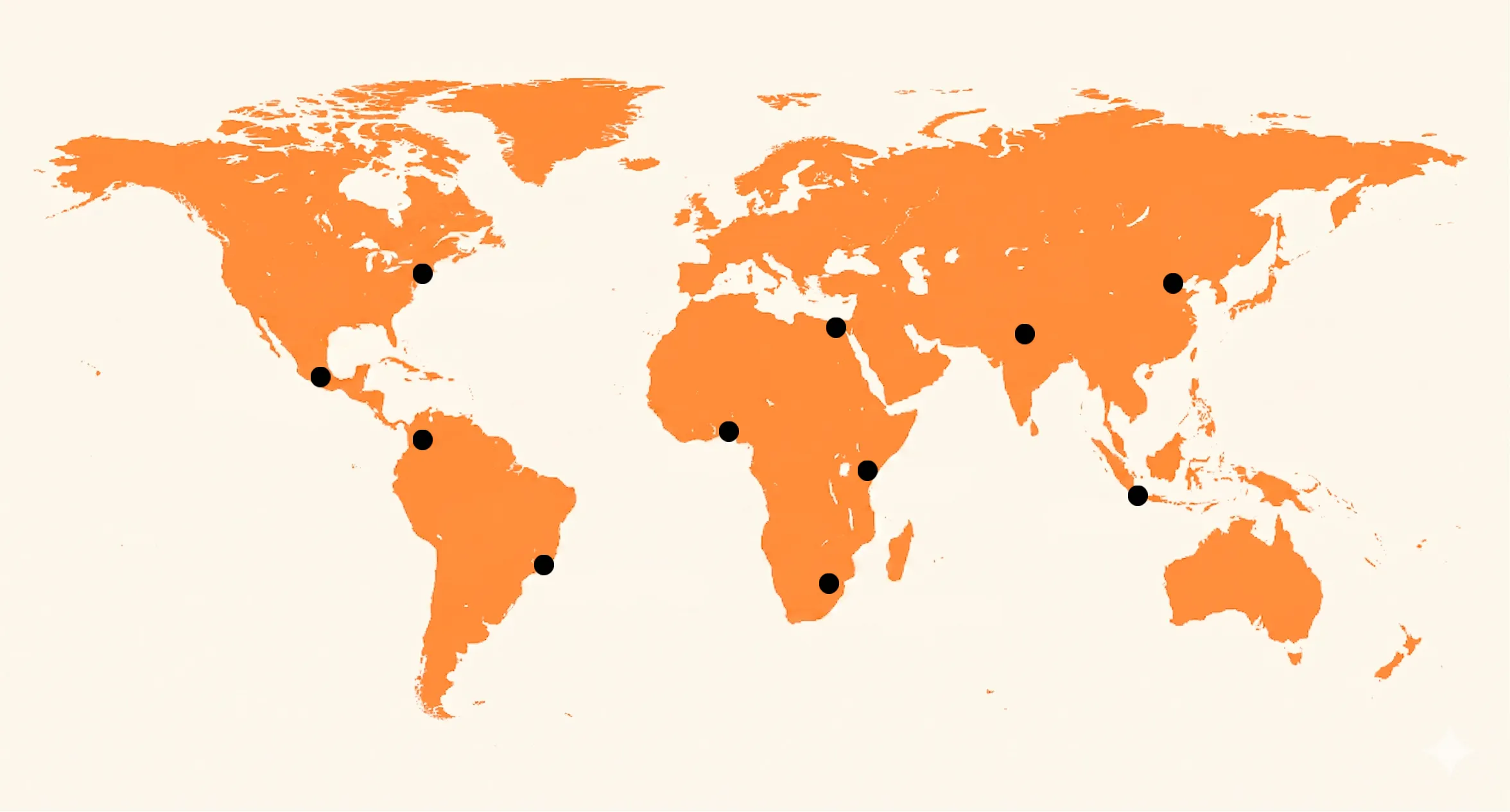 An orange and beige map of the world with black dots representing the locations of the 11 Ford Foundation offices