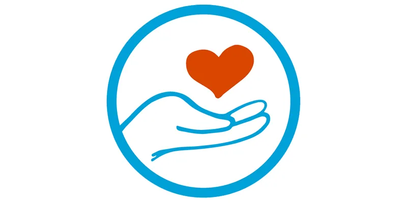 A red heart floating above a blue hand inside a blue circle