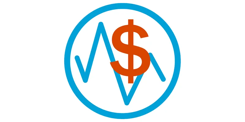 A blue chart with a red dollar sign above it inside a blue circle