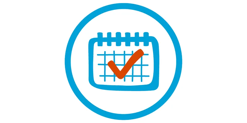 A blue calendar in a blue circle with a red checkmark on it