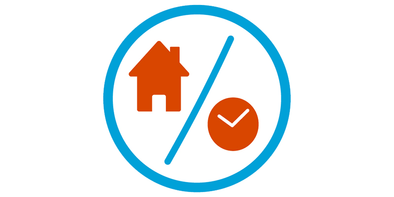 A red house separated by a blue line from a red circle with a white checkmark on it