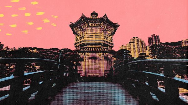 A pink collage of a Chinese temple and buildings in the distance.