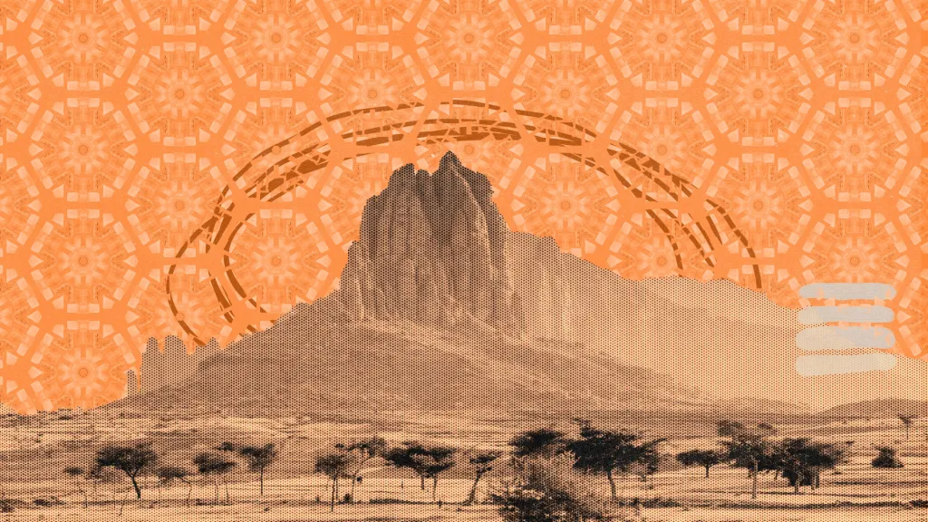 Orange-saturated collage of East African grassland with an East African pattern in the background.