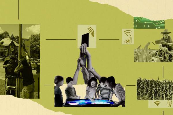  Light green collage of people installing a solar charging station, children interacting with a large digital tablet and internet related motifs and symbols.