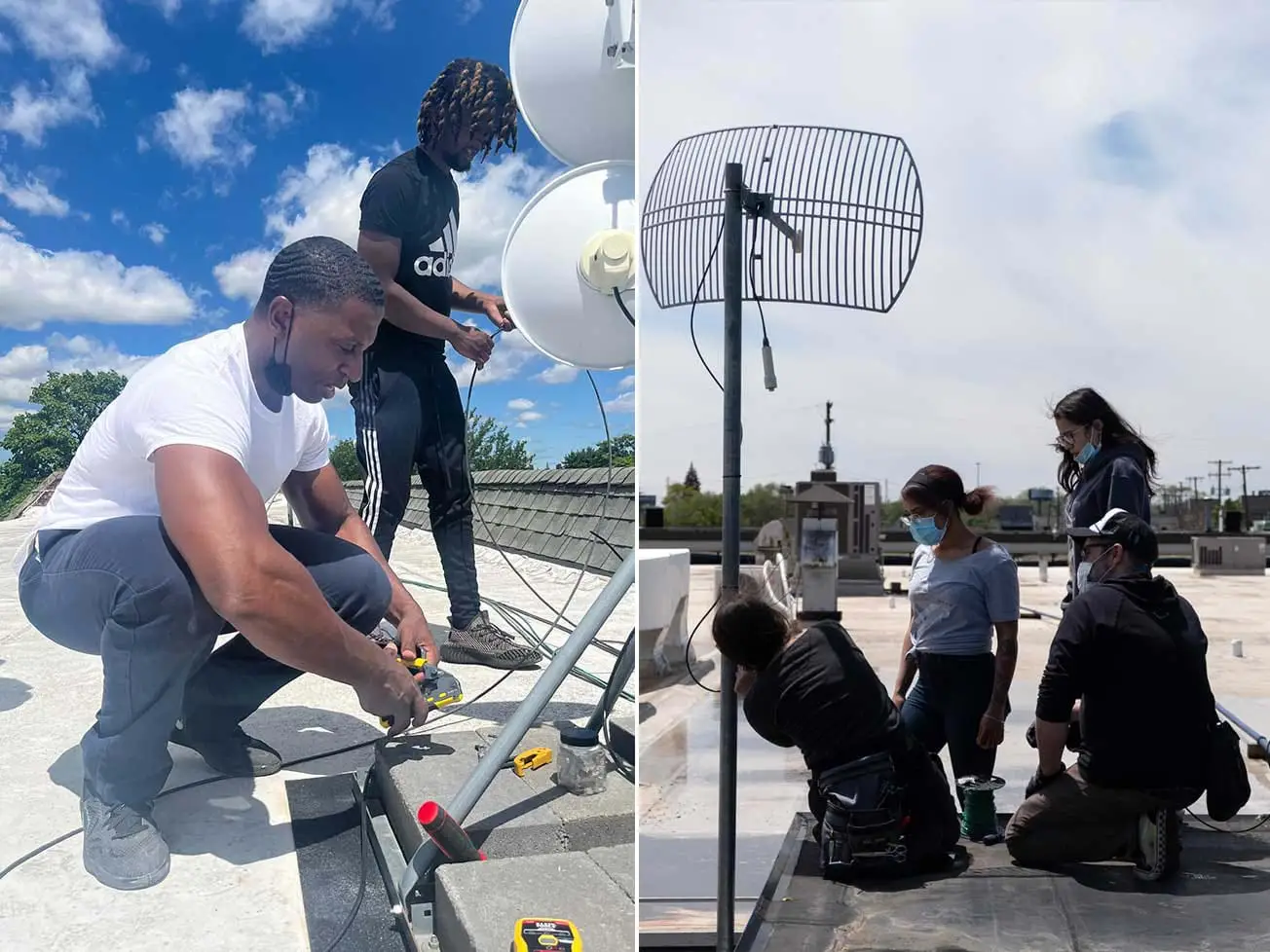 Members from the Detroit Community Technology Project installing wireless antennas on resident rooftops.