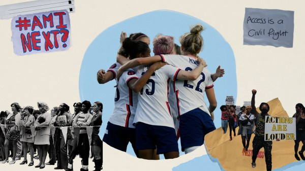 Collage of demonstrators and athletes standing for women's equal pay. Sandgrain and sky blue are the main spots of color.