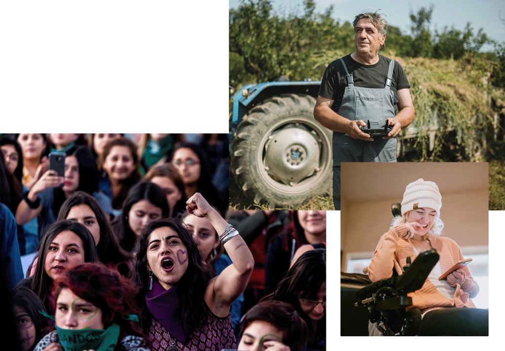 A 3 picture collage of a farmer controlling a drone, a woman in a wheelchair laughing while looking at her phone, and a crowd of protesters, one of whom is shouting and has a heart drawn on her cheek.