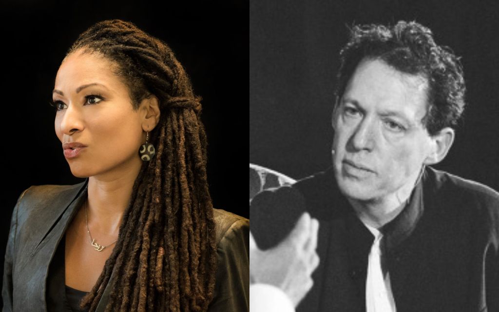 A pair of photographs, one of speaker Ruha Benjamin and the other of moderator Paul Holdengräber. They are speaking and listening respectively, Benjamin with hands raised in gesture, and Holdengräber with an expression of intent listening, from left to right against black backgrounds.