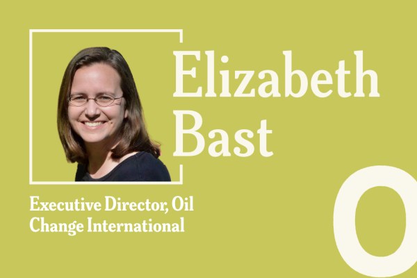An olive-green promotional graphic featuring a headshot of Elizabeth Bast, Executive Director of Oil Change International, with the number "0" displayed in large white text in the bottom-right corner.